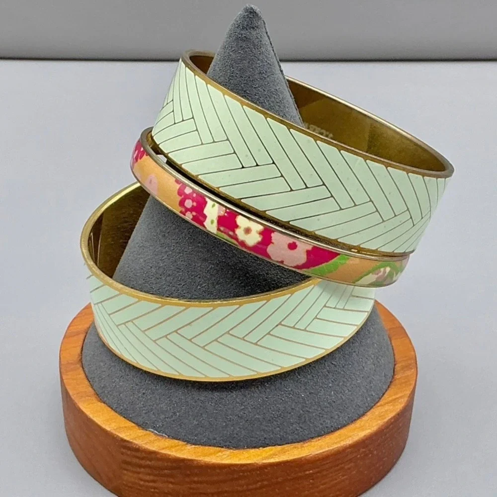 J.Crew Bangle Womens Gold Tone Enamel Mint Herringbone Floral Stackable 7 Inch